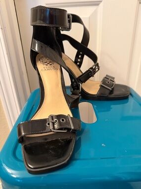 Vince Camuto Black Patent Leather Strappy Buckle Heels
